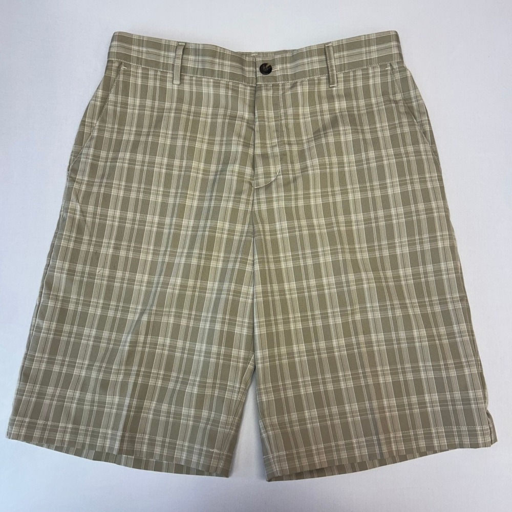 Adidas Shorts Mens 32 Tan Plaid Golf Performance Stretch Flat Front Casual 11"